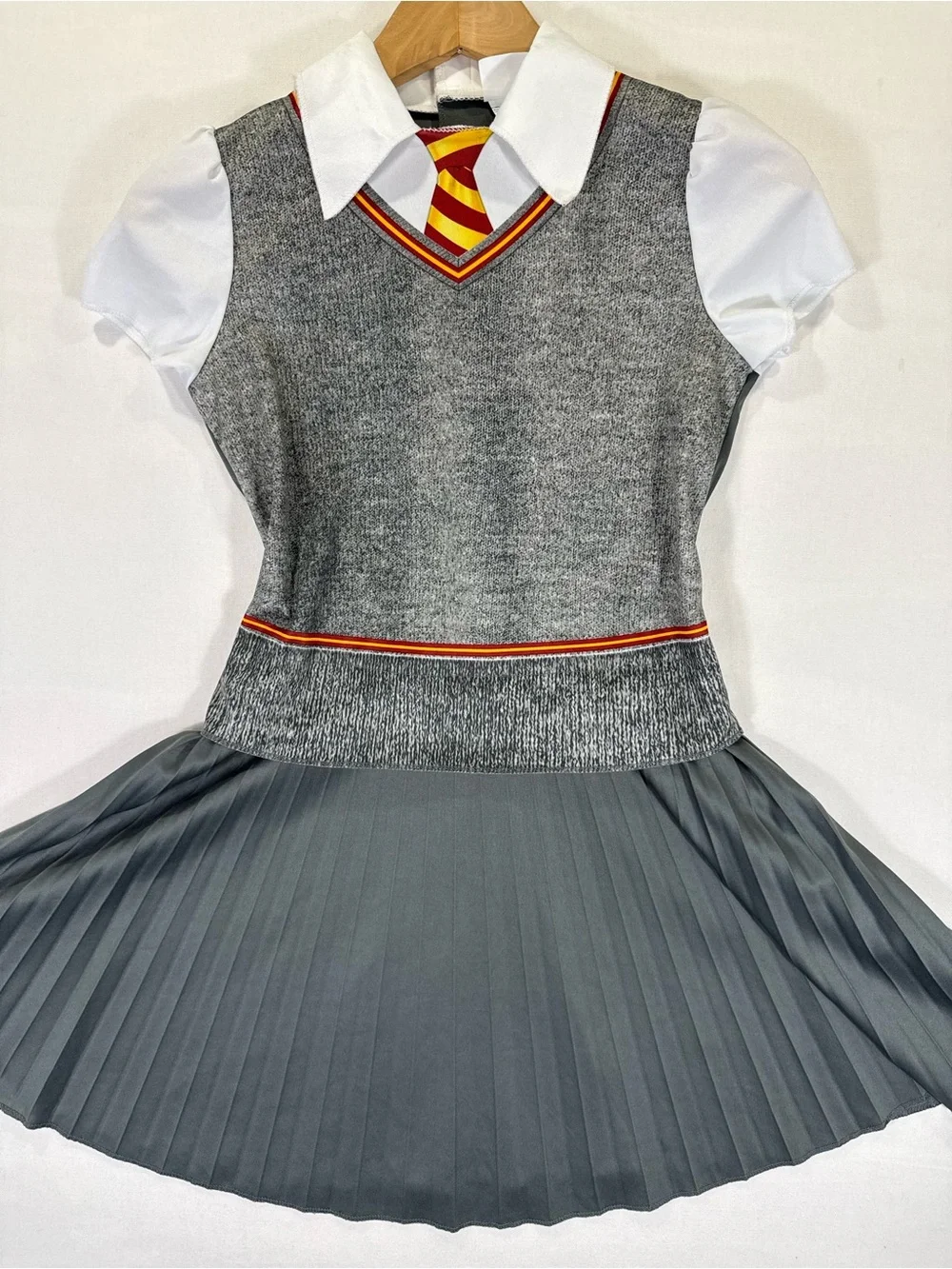 Grey School-Inspired Pleated Costume Dress with Red & Yellow Tie - Kids